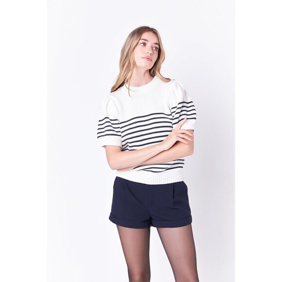 ENGLISH FACTORY Striped Short Puff Sleeve Sweater Buttons Navy Coastal S Preppy - Picture 5 of 14